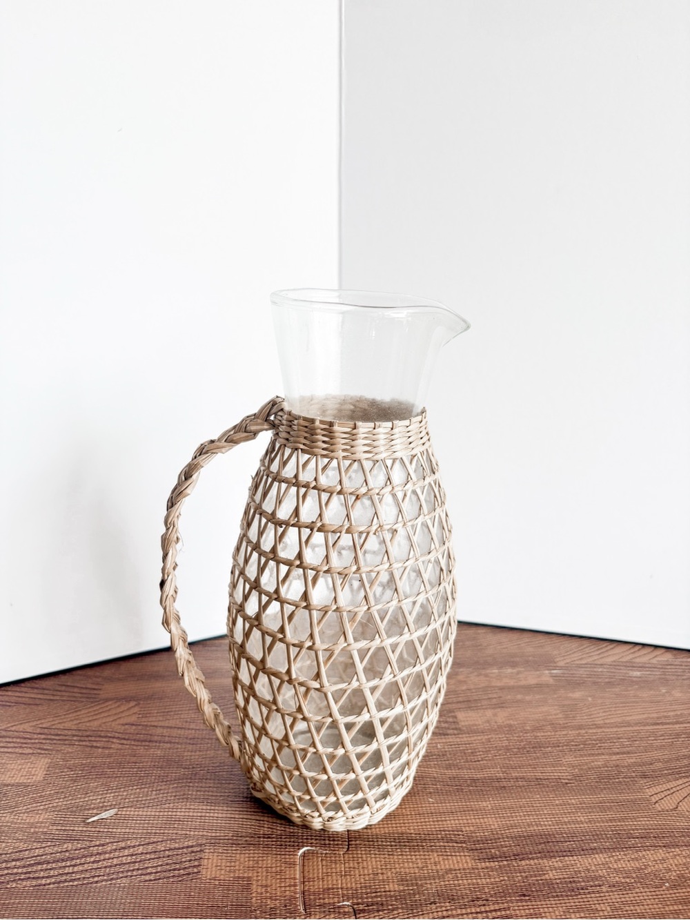 Vintage Woven Rattan Glass Pitcher - Picture 2 of 5